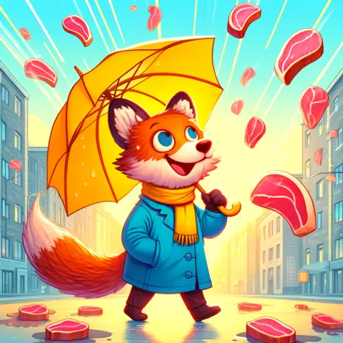 DALL·E 2024 06 03 09.37.36 A whimsical illustration of a fox standing in a street with a yellow umbr.webp