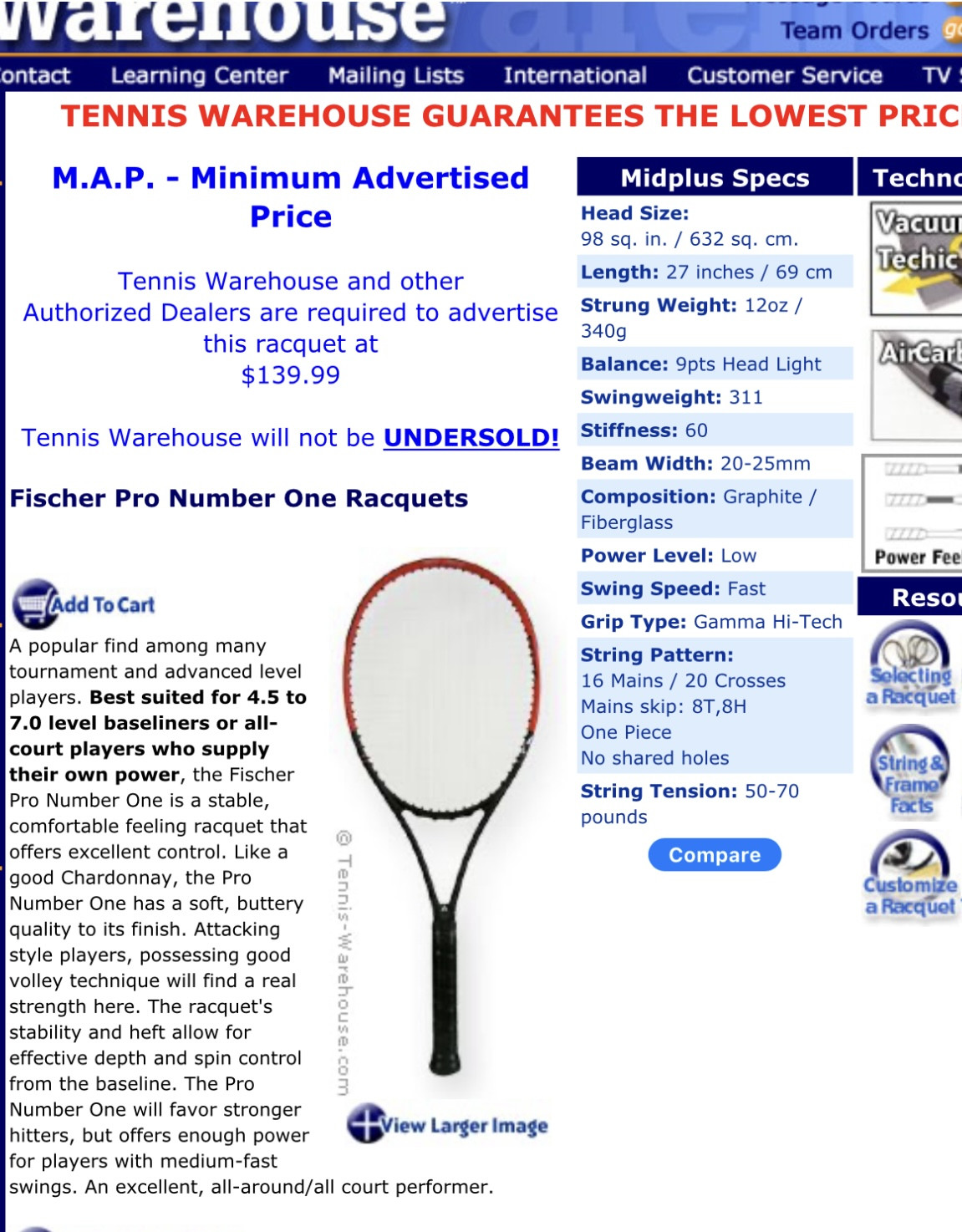 Raquette De Tennis Fischer Pro N°1 – Taille De Tête 630 Cm² – Poids 239g – Occasion