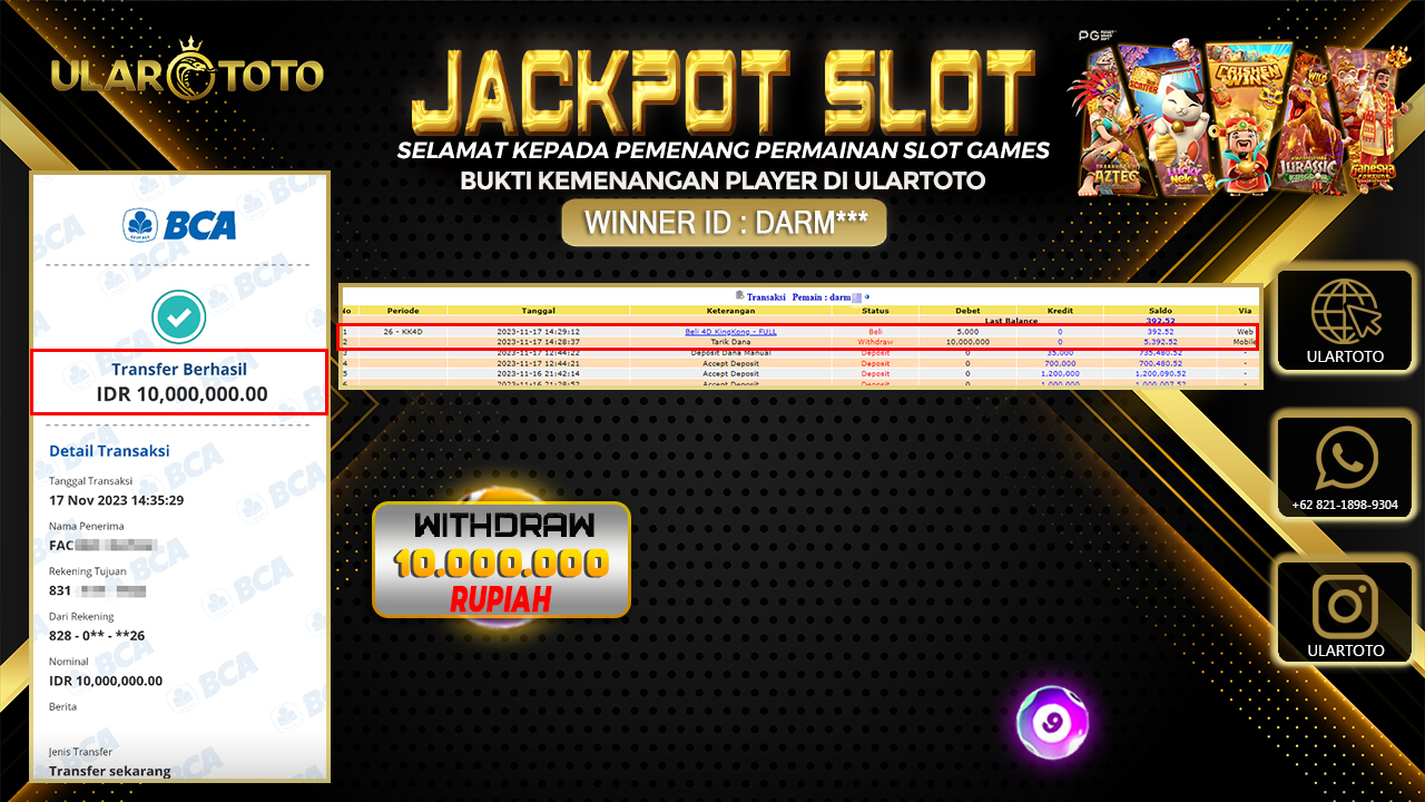 BUKTI PEMBAYARAN ULARTOTO HARI INI SLOT GAMES 17 NOVEMBER 2023 Rp. 10.000.000, - LUNAS
