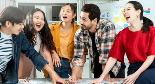 group asian caucasian young creative happy enjoy laugh smile great success emotion teamwork people b.1