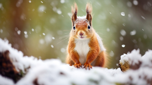 Cute red squirrel in the falling snow winter in England 00071 01