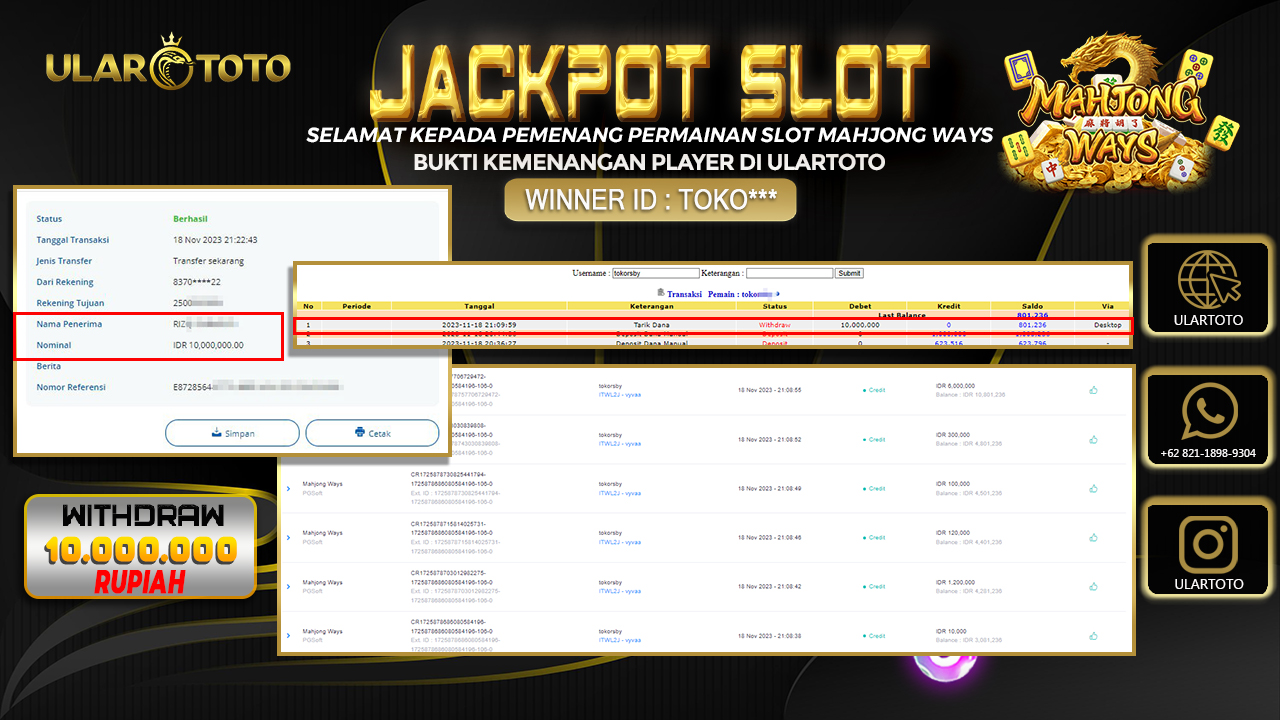 BUKTI PEMBAYARAN ULARTOTO HARI INI SLOT GAMES 20 NOVEMBER 2023 Rp. 10.000.000, - LUNAS