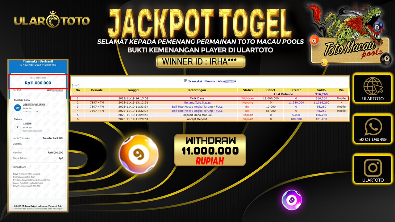 BUKTI PEMBAYARAN ULARTOTO TOTO MACAU POOLS 20 NOVEMBER 2023 Rp. 11.000.000 - LUNAS