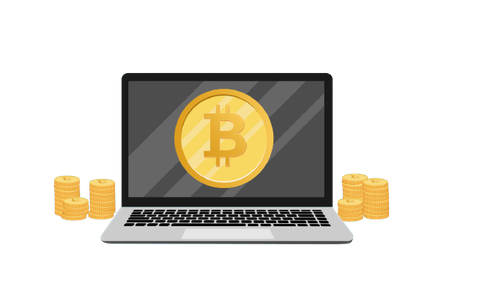 bitcoin mining concept illustration cartoon style of computer laptop with cryptocurrency coins on sc.png