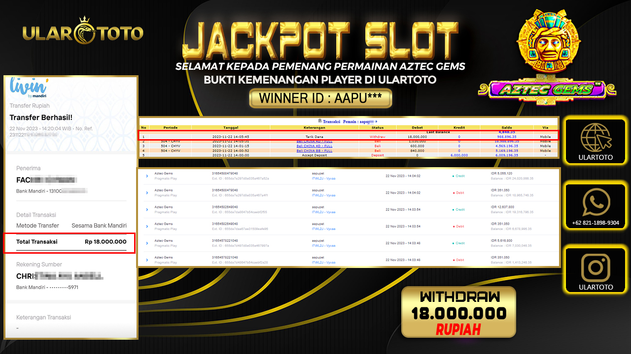 BUKTI PEMBAYARAN ULARTOTO HARI INI SLOT GAMES 22 NOVEMBER 2023 Rp. 18.000.000, - LUNAS