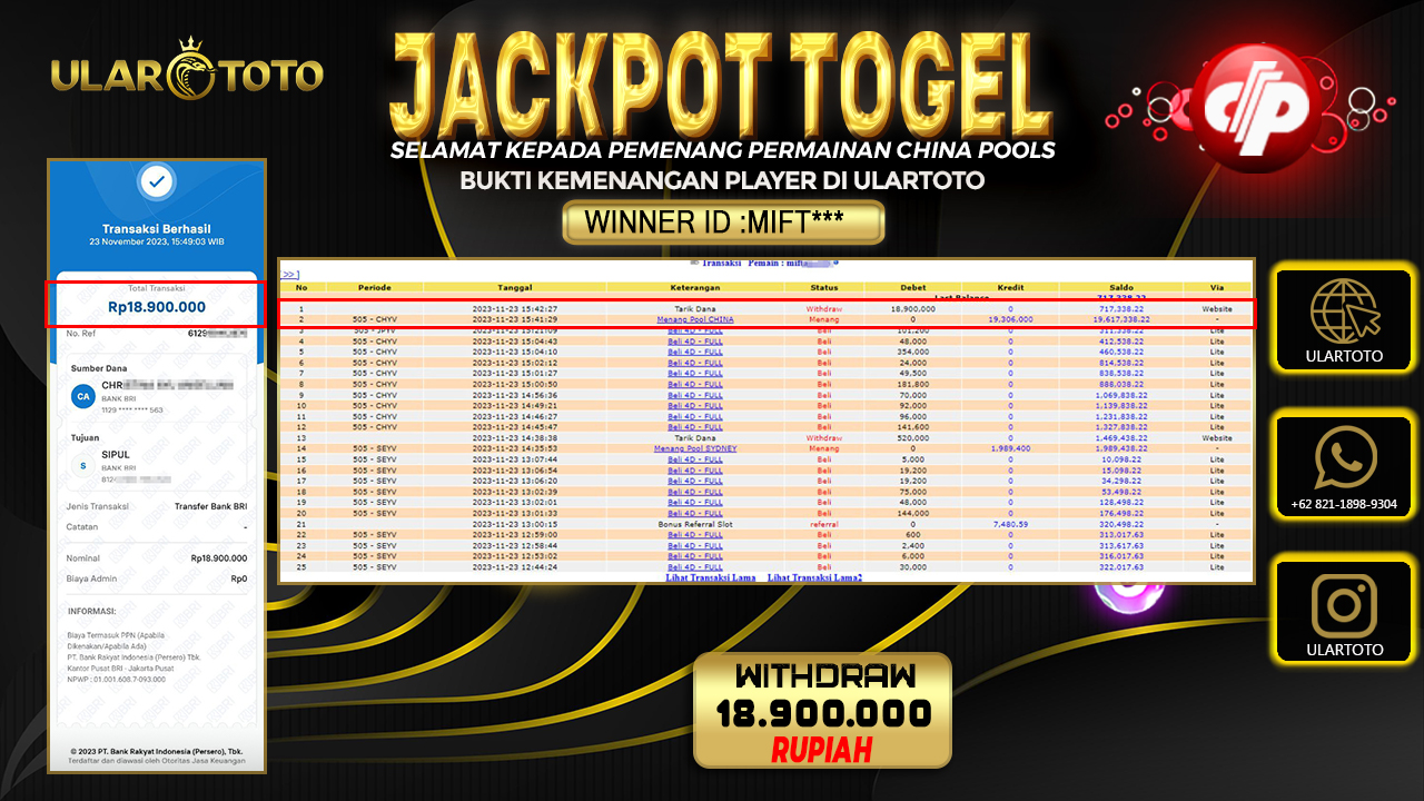 BUKTI PEMBAYARAN ULARTOTO CHINA POOLS 23 NOVEMBER 2023 Rp. 18.900.000 - LUNAS