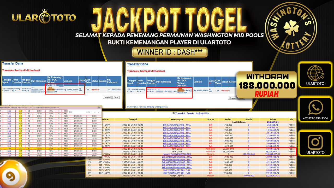 BUKTI PEMBAYARAN ULARTOTO WASHINGTON MID POOLS 27 NOVEMBER 2023 Rp. 188.000.000 - LUNAS