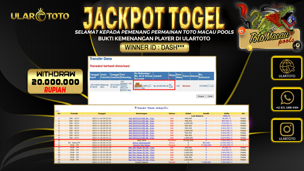BUKTI PEMBAYARAN ULARTOTO TOTO MACAU POOLS 27 NOVEMBER 2023 Rp. 20.000.000 - LUNAS