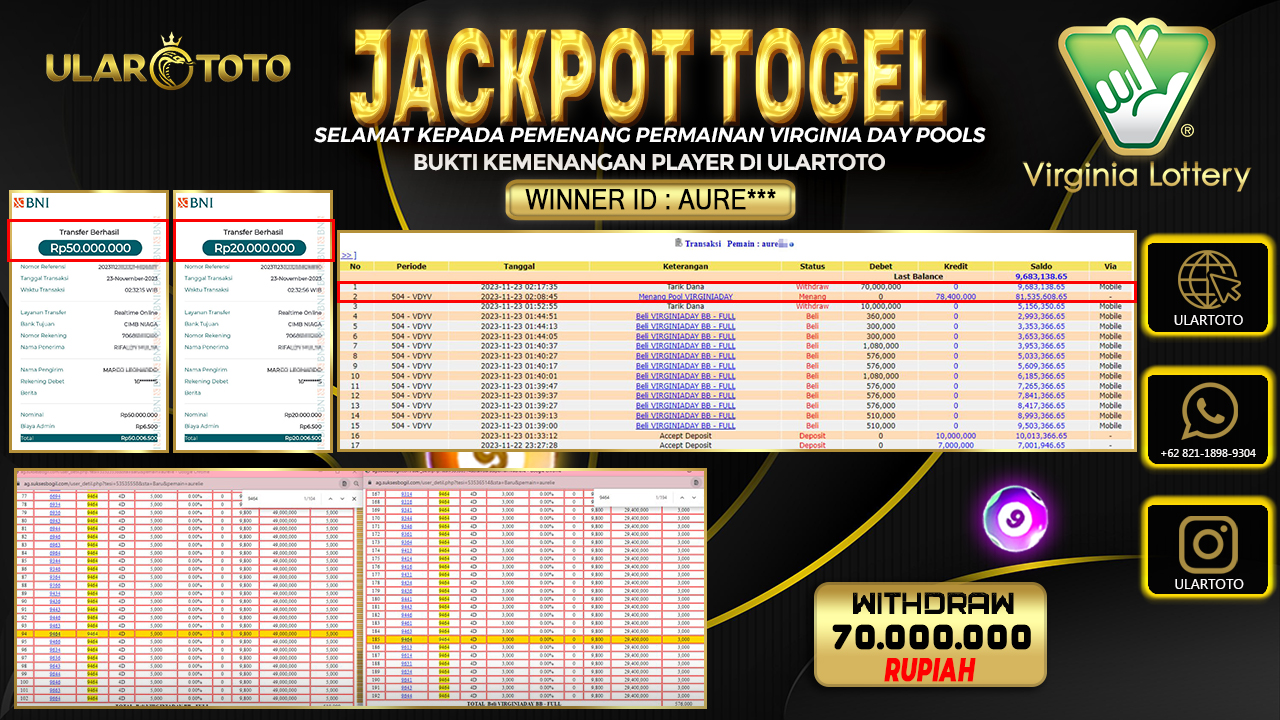 BUKTI PEMBAYARAN ULARTOTO VIRGINIA DAY POOLS 23 NOVEMBER 2023 Rp. 70.000.000 - LUNAS