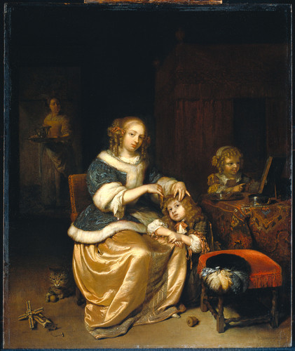 Netscher, Caspar Интерьер с матерью, расчесывающей ребенка, 1669, 44,5 cm х 38 cm, Дерево, масло