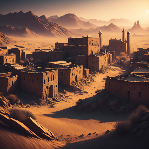 Firefly Dark fantasy art. Lonely ruined stone town in arabic style with many building in the middle