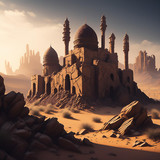 Firefly Dark fantasy art. Lonely ruined stone city in arabic style with many building in the middle 