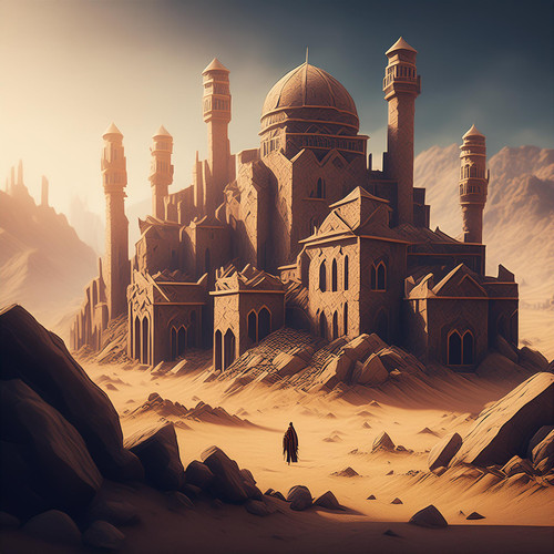 Firefly Dark fantasy art. Lonely ruined stone city in arabic style with many building in the middle.jpg