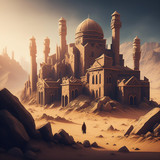 Firefly Dark fantasy art. Lonely ruined stone city in arabic style with many building in the middle