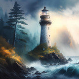 Firefly Dark fantasy art. Abandoned non functional lighthouse on the edge of the woods. From the rig