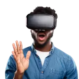 black man with vr headset on with an amazed facial expression on a transparent background 83