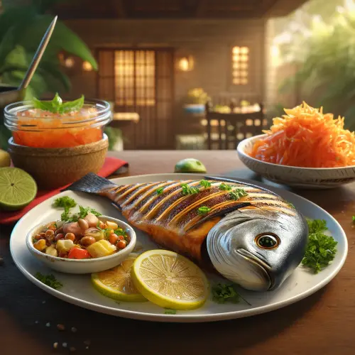 DALL·E 2024 06 06 00.02.37 A photorealistic image of Grilled Bangus (Milkfish) served on a white pla.webp