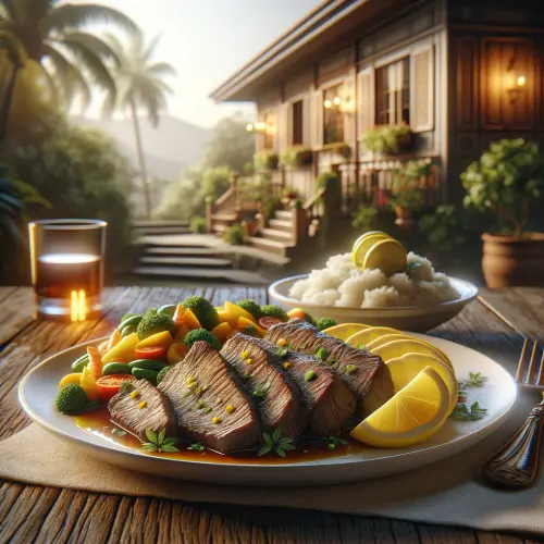 DALL·E 2024 06 06 01.45.17 A photorealistic image of Bistek Tagalog served on a white plate, garnish.webp