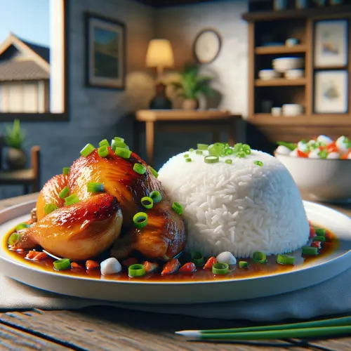 DALL·E 2024 06 06 01.28.59 A photorealistic image of Chicken Adobo served on a white plate, garnishe.webp