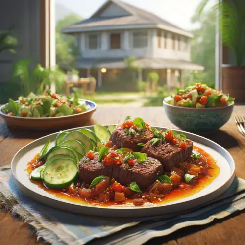 DALL·E 2024 06 06 00.52.03 A photorealistic image of Beef Mechado Low Carb Version served on a white.webp