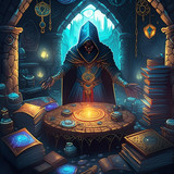 Firefly Dark fantasy art. Suspicious black mage standing in dungeon preparing to make some dark expe