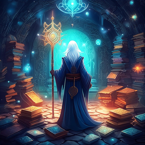 Firefly Dark fantasy art. Mage standing in dungeon holding staff . There is table with a lot of book