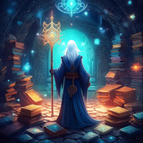 Firefly Dark fantasy art. Mage standing in dungeon holding staff . There is table with a lot of book