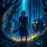 Firefly Dark fantasy realistic art. middle of the night. lonely hero is staying in the dark and scar