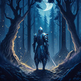 Firefly Dark fantasy realistic art. middle of the night. lonely knight is staying in the middle of d