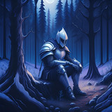 Firefly Dark fantasy realistic art. middle of the night. lonely knight is sitting at the edge of the