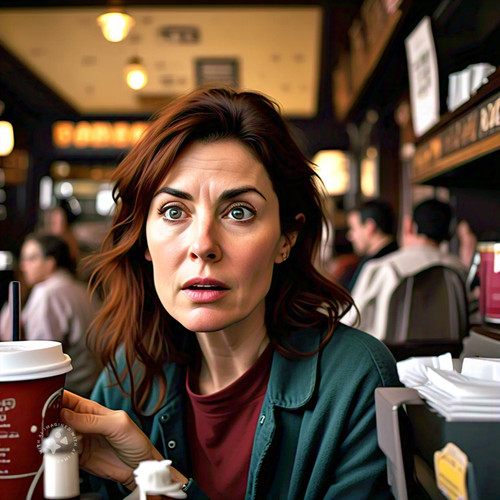 an image of a woman in her late 40s with dark brown hair depict the character in line at a coffee sh.jpg