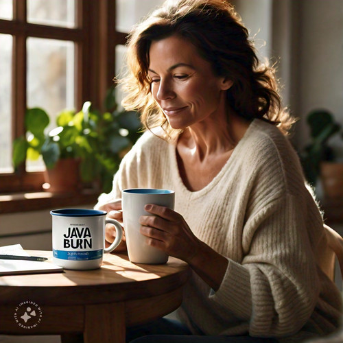 an image a woman in her late 40s with dark brown hair enjoying a cup of coffee with java burn surrou.jpg