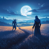 Firefly Generate dark fantasy medieval realistic art based on the story during night hero meet a st