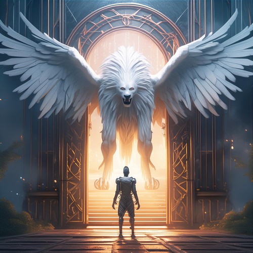 Firefly Dark fantasy art. Giant door, in front of it a mythical creature with the head of a human, t.jpg
