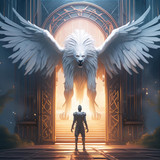 Firefly Dark fantasy art. Giant door, in front of it a mythical creature with the head of a human, t