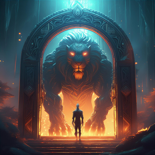 Firefly Dark fantasy art. Giant door, in front of it a mythical creature with the head of human and.jpg
