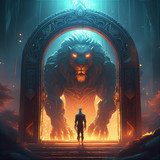 Firefly Dark fantasy art. Giant door, in front of it a mythical creature with the head of human and