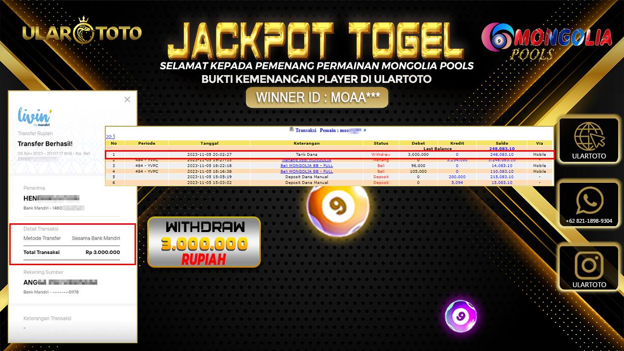 BUKTI PEMBAYARAN ULARTOTO MONGOLIA POOLS 6 NOVEMBER 2023 Rp. 3.000.000 - LUNAS