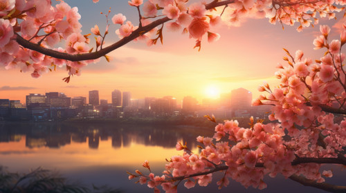 Spring cherry blossom warm color Beautiful illuminated cherry blossom with warm golden sunset light .jpg