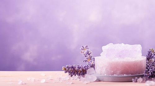 Podium stand platform with lavender flowers and crystals of sea salt on pastel purple background Moc.jpg