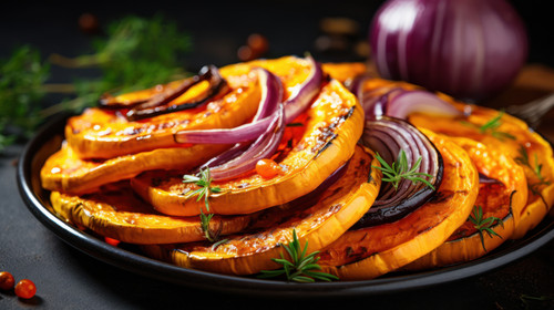 Roasted Squash Slices with Red Onions minimalistic clean stockimage 00607 01.jpg