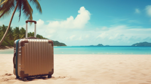Suitcase on sand tropical beach with the sea and palms on background minimalistic clean stockimage 0.jpg