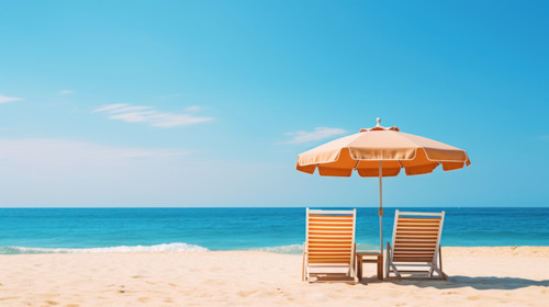 Summer Chairs and umbrellas on tropical sea and beach with blue sky background minimalistic clean st.jpg