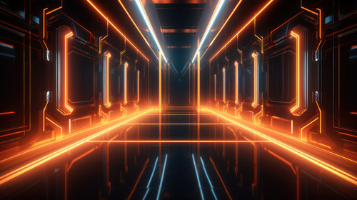 Sci Fi neon glowing lamps in a dark corridor Reflections on the floor and walls Empty background in .jpg