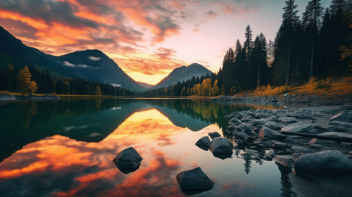 Sunset at a calm mountain lake in Austria with mirrorlike reflection minimalistic clean stockimage 0.jpg