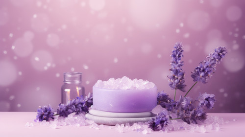 Podium stand platform with lavender flowers and crystals of sea salt on pastel purple background Moc.jpg