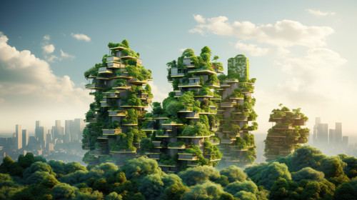 Splendid environmental awareness city with vertical forest concept of metropolis covered with green .jpg