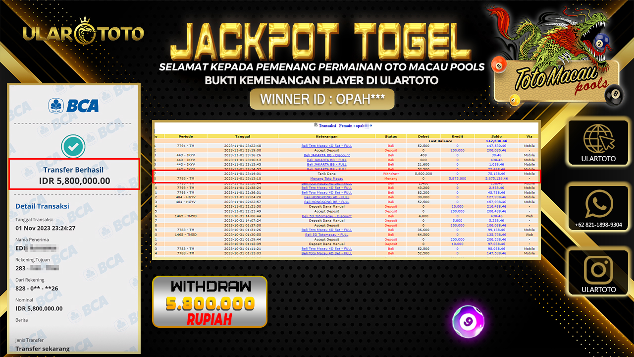 BUKTI PEMBAYARAN ULARTOTO TOTO MACAU POOLS 2 NOVEMBER 2023 Rp. 5.800.000 - LUNAS