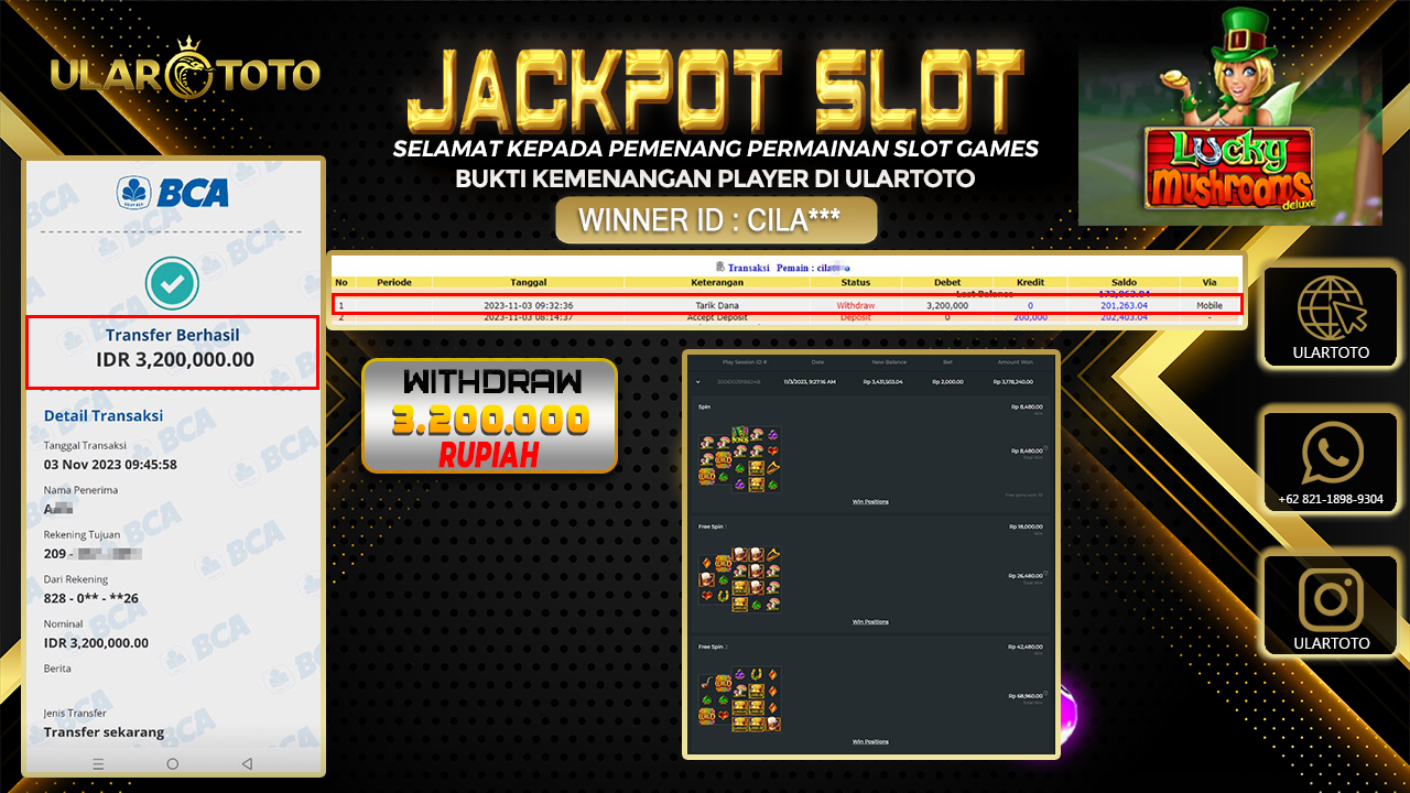BUKTI PEMBAYARAN ULARTOTO HARI INI SLOT GAMES 3 NOVEMBER 2023 Rp. 3.200.000, - LUNAS