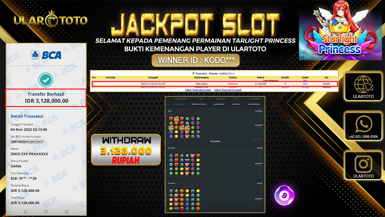 BUKTI PEMBAYARAN ULARTOTO HARI INI SLOT GAMES 4 NOVEMBER 2023 Rp. 3.128.000, - LUNAS